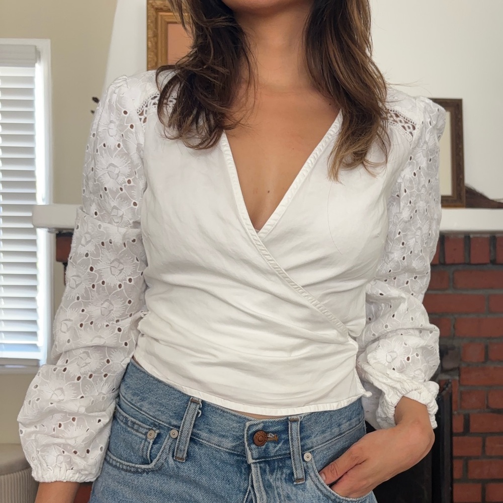 Guess White Puff Sleeve Wrap Blouse